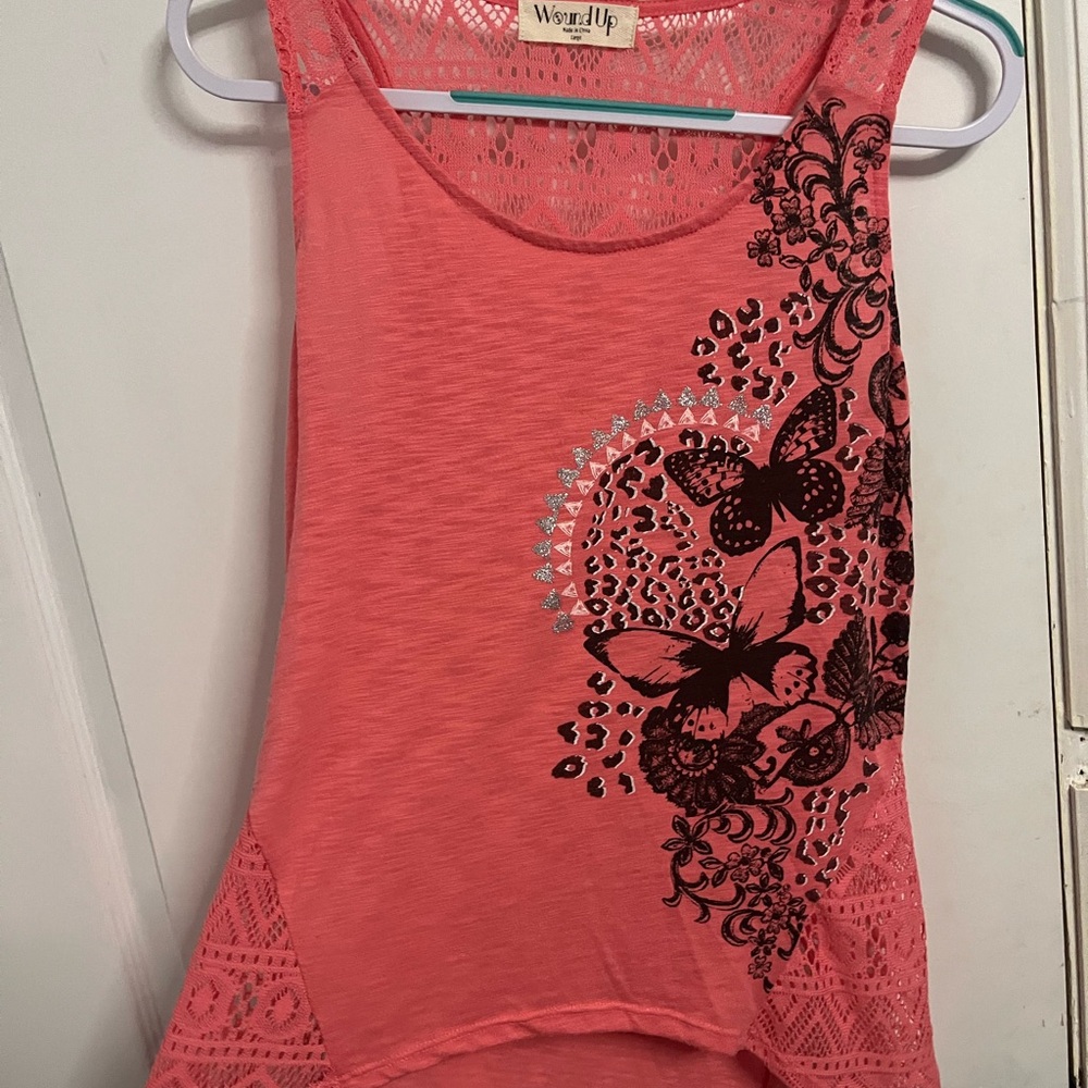 WOUND UP Tunic. Coral Sleeveless Top with Black Butterfly with cute side knit